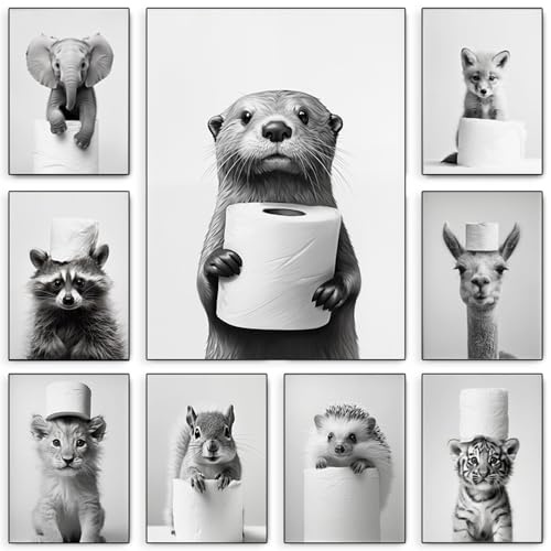 BeiYiHo Bilder Badezimmer Tiere Schwarz Weiß Poster Lustige Tiere Bild Toilette Tier Otter Wandbild WC Deko Kunstdruck Bad Leinwand Modern 21x30