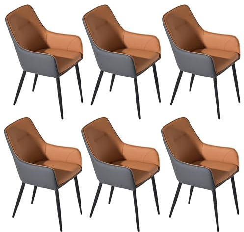 CLIPOP Esszimmerstühle 6er Set mit Armlehne aus Kunstleder Braun-Grau, Armlehnenstuhl Polsterstuhl Stühle Esszimmer Küchenstuhl mit Metallbeine und Rückenlehne für Wohnzimmer Esszimmer