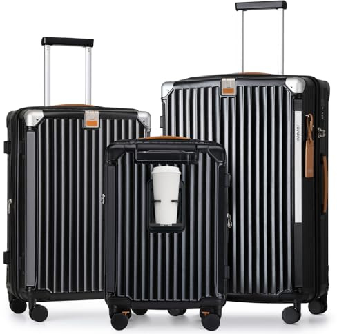Joyway 3 Piezas Juego de Maletas, Trolley de Viaje Rígidas en ABS+PP, Ampliable un 25% con 4 Ruedas Dobles Giratorias, Cerradura TSA y Portavasos Ideal para Viajes Familia, Viajes Largos