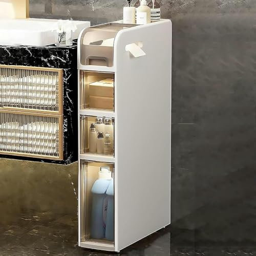 MEWVABKW Lagerschrank, stapelbare Lagerschubladen, Lagerschrank, Aufbewahrung, schmaler 4-stufiger Toilettenpapier-Aufbewahrungsschrank mit durchsichtigen Schubladen und Rollen, schmaler vertikaler