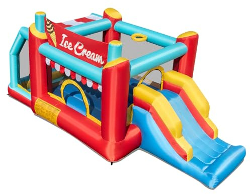 COSTWAY Castello Gonfiabile 5 in 1 per Bambini con Tema Gelato e Scivolo | Parco Gonfiabile per Bambini con Canestro, Trampolino e Vasca, Gioco con Anelli e Palline per Interno ed Esterno