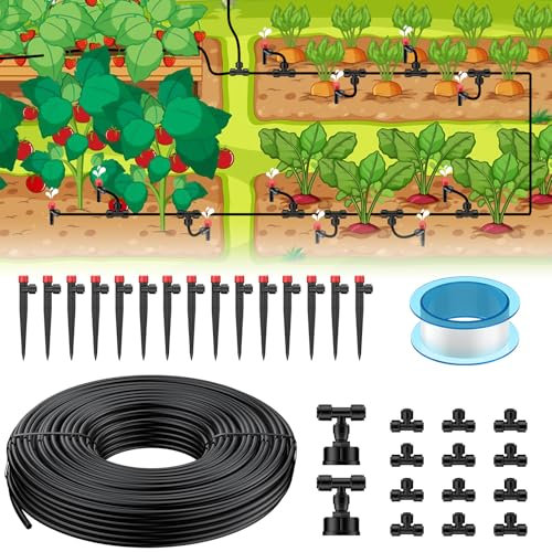 Pawfly 15m Kit Irrigazione a Goccia, Sistema Quick-Connect con Tubi 4-6mm, Emettitori e Accessori, Per Giardino Serra Prato Terrazzo e Aiuole
