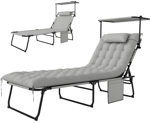 Outsunny Sonnenliege klappbar Campingliege mit Matratze, Dach, wetterfeste Gartenliege bis 120 kg belastbar, Liegestuhl mit 4-Fach verstellbare Rückenlehne, Gartenstuhl für Outdoor Garten, Hellgrau