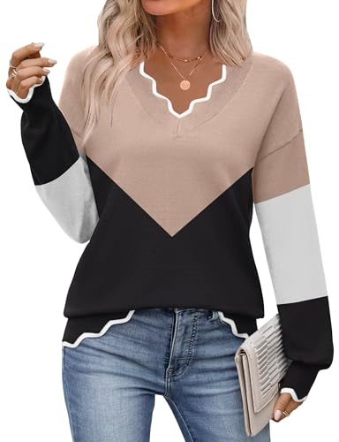 Zeagoo Work Sweaters for Women Dressy Casual 2025 Fall Color Block Tops Long Sleeve V Neck Cute Knit Sweaters Fall Outfits