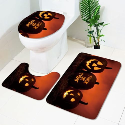 Badezimmermatte Braun Halloween Kürbis rutschfeste Badmatte Waschbar Bath Mat Bad Vorleger Memory Schaum Badezimmerteppich U förmige WC Teppich Badteppich Set 45x75 cm