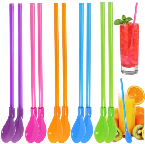 LANSKYLAN 20 Pièces Cuillère Paille Reutilisable 2 en 1, Pailles Cuillères en Plastique Paille Smoothie Colorées avec 2 Brosses de Nettoyage pour les Smoothies, Milkshakes, Lait, Cocktails et Café