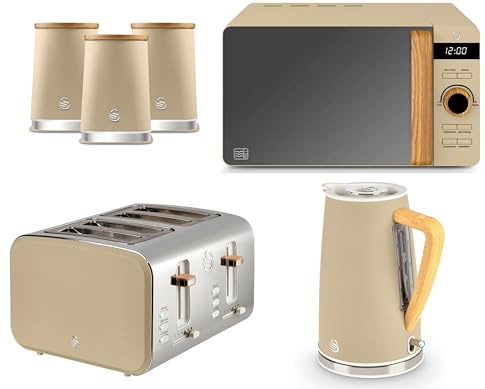 Swan Nordic Oatmeal Kettle, 4 Slice Toaster, 800W 20L Microwave & Canisters. Matching Kitchen Set of 6 with Oatmeal Matt Finish, Stainless Steel Accents and Acacia Wood