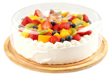 YedZen Piatto rotondo per torta con coperchio, diametro 28 cm x altezza 8,5 cm, infrangibile, con cappuccio e manico, in legno, per torte, torte, torte, frutta, cottura