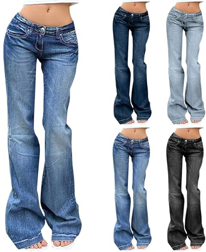 Generisch Jeans da donna Baggy Y2K, pantaloni a zampa da donna, hippie, pantaloni cargo a vita bassa, in denim, elasticizzati, moderni, jeans a zampa, stile vintage, per il tempo libero