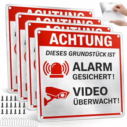 4 Stück Schild Videoüberwachung und Alarm, 15x15cm Aluminium, Achtung Videoüberwachung Privatgrundstück, inkl, Schrauben & Kabelbinder