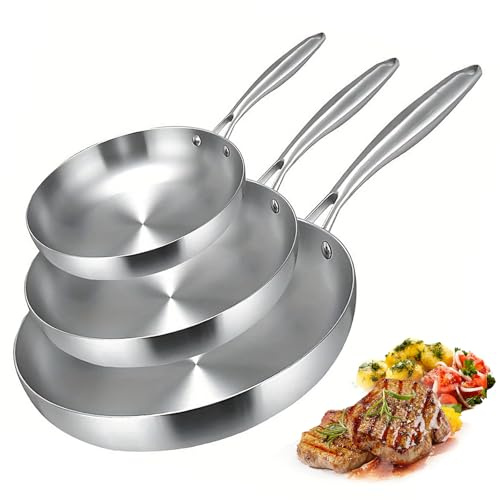 3pcs Stainless Steel Frying Pan, 22-30cm Non-Stick Frying Pan, Oven Safe, Compatible with All Cooktops, Healthy Dieting, Fast Heating, Kitchen Cookware for Frying, Sauteing, Stewing (22/24/26cm)