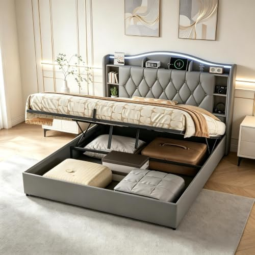 Bett mit Bettkasten, 140 x 200 cm, mit LED und USB-Anschluss, gepolstertes Doppelbett mit Lattenrost, Hydraulisches Bett 140 x 200 cm, mit offenen Regalen und Aufbewahrung, Bett für 2 Personen für