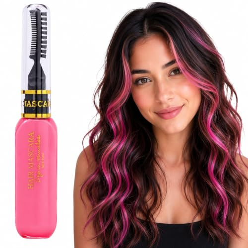 Temporary Pink Hair Colour Mascara with Comb Brush - Washable Dye Cream for Dark & Light Hair, Quick-Drying Vibrant Highlights & Ombre Effects for Parties, Festivals & Cosplay (Pink)