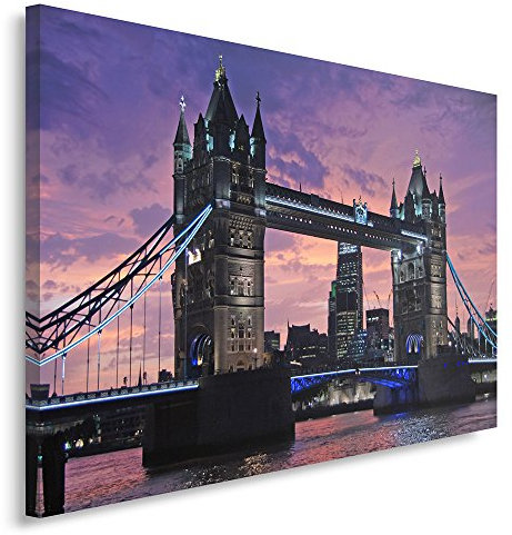 Feeby. Wandbild - 1 Teilig - 70x100 cm, Leinwand Bild Leinwandbilder Bilder Wandbilder Kunstdruck, BRÜCKE, TOWER BRIDGE, LONDON, ARCHITEKTUR, VIOLETT