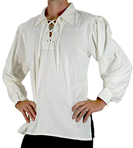Herrar medeltida ståkrage skjorta med snörning långa ärmar blusar viktoriansk t-shirt, Vit, L
