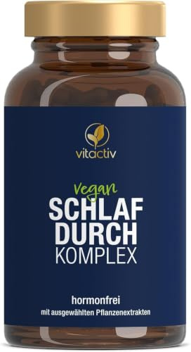 VITACTIV SCHLAFDURCH KOMPLEX Melatonin Kapseln - Nervensystem - Hochdosiert | Vegan, Zuckerfrei, Glutenfrei, Aus Deutschland. Hopfenblüten-Extrakt (1 mg pro Tag). Magnesium: normale psychische Funktion