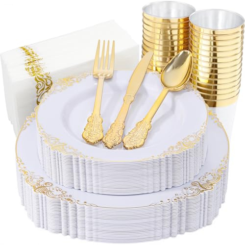 Nervure 175PCS White and Gold Plastic Plates - Disposable Dinnerware Set Include 50 Gold Plates for Dinner and Dessert, 75 Cutlery, 25Cups 25Napkins for Wedding & Party & Mother's Day