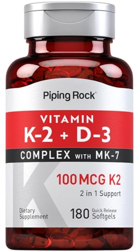Piping Rock Vitamin K2 D3 Supplement | 100 mcg | 180 Softgels | Complex with MK7 | Non-GMO, Gluten Free