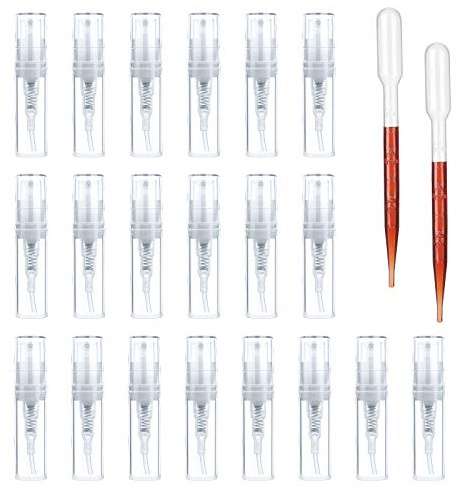 Minibotellas para muestras de perfume, portátiles y rellenables, botellas vacías de plástico con atomizador y pipeta cuentagotas, para viajes, aceites esenciales, perfume, loción (2 ml, 20 unidades)