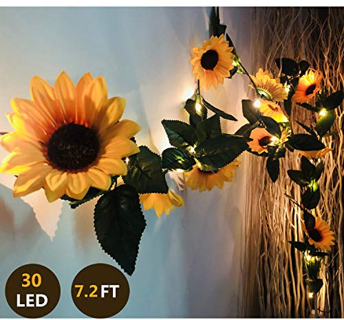 Fielegen 30 LED Artificial Sunflower Garland String Lights 7.2ft Silk Sunflower Vines with Lights Battery Powered Sun Flower Fairy Lights for Wedding, Valentines Day, Garden Birthday Party Decoration