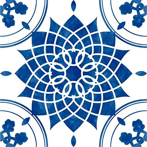 ADHÉSIF CARRELAGE - DÉCORATION DE CARREAUX CIMENT - CARREAU FLEUR BLEU (Lot de 20 pièces, 15 x 15 cm)
