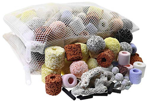 Mei Ting Aquarium Filter Media 15-in-1 Mineral Balls & Ceramic Rings - 1000g with Zippered Mesh Bag for Fish Tank/Pond Filters