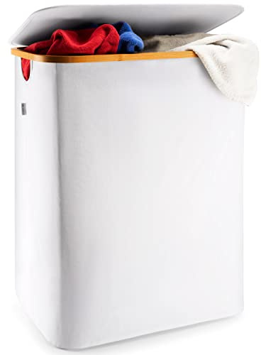 LONBET 150L Cesto Ropa Sucia 2 Compartimentos con Tapa y Estructura de Bambú - Cubo Ropa Sucia con Bolsa Extraíble, Asas Cómodas y Tela Transpirable para Uso Diario - Laundry Basket, Gris Claro