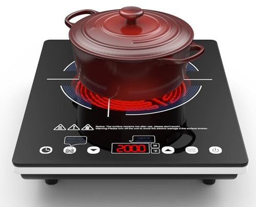 VBGK Placa Vitrocerámica 1 Fuegos con Enchufe, 2000W Vitrocerámica Portátil, 10 Niveles Calor Infrarrojo, Bloqueo para niños, Temporizador 4 Horas, Fácil Limpieza