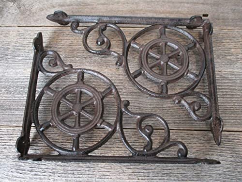 2 Cast Iron Ship Wheel Nautical Braces Shelf Bracket Rustic Corbels Vintage Book - drstore
