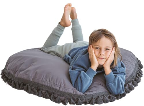 MINICAMP Bodenkissen für Kinder Rund Groß – 100% Baumwolle, Oeko-TEX-Zertifiziert – Ø 100 cm – Sitzkissen fürs Kinderzimmer, ab 3 Jahren (Quasten/Grau)