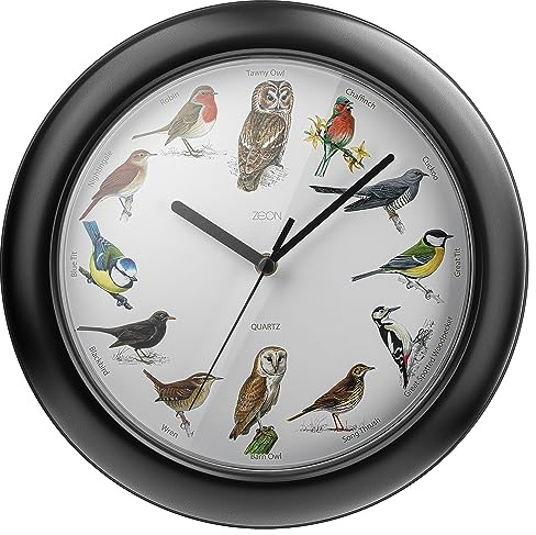 ZEON Birdsong Wall Clock with Hourly Birdsong Announcements, Black, 24cm