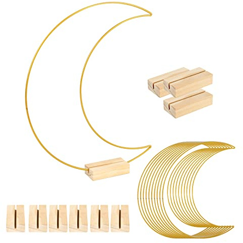 IGTOPS 10 Stück 30cm Mond Metall-Blumenreifen mit 10 Hexagon Holzständer, Metall Kranzring Gold Metall Deko Ringe mit Holzständer, für DIY Hochzeits Tischkranz Dekoration und Makramee Handwerk (Mond)