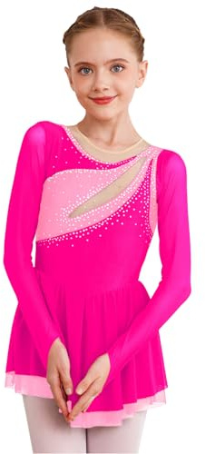 Nyeemya Eislaufkleid Mädchen Strass Glizer Rollkunstlauf Kleid Langarm Schlittschuhkleid Farbblock Patchwork Ballettkleid Cut Out Tanzkleid Eislaufkostüm