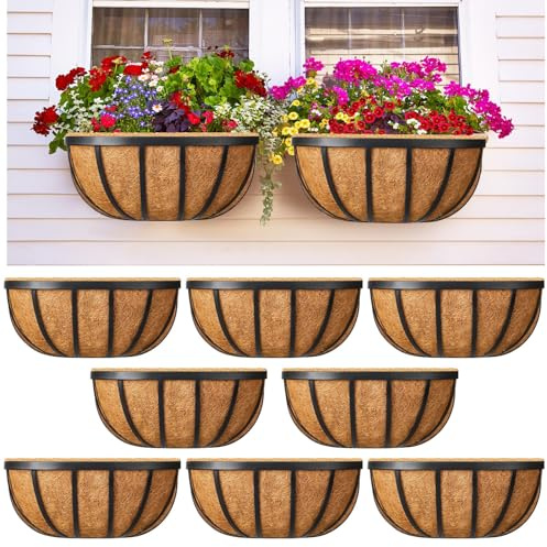 Sunnychicc 8 Sets 16 Inch Window Deck Railing Planters Boxes with Coconut Liner Outdoor Wall Planter for Plants Balcony Metal Hanging Flower Bracket Basket for Fence, Porch, Patio Decoration