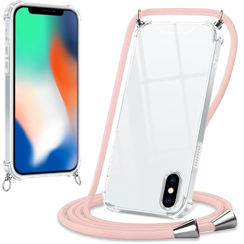 Xylota Coque avec Cordon pour iPhone X/iPhone XS 5,8, Etui avec Collier Réglable Tour de Cou Lanière Corde Lanyard, Transparente Silicone Souple TPU + PC Case Antichoc Protection Housse Cover,Or Rose