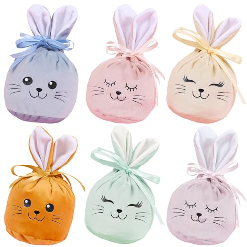 6 Stück Osterhasen Taschen, Niedlich Hasen Samt Säckchen für Weihnachten, Oster, Hochzeit, Kleinkindparty, Osterbeutel zum Befüllen mit Kordelzug für Süßwarenkekse, Schokolade