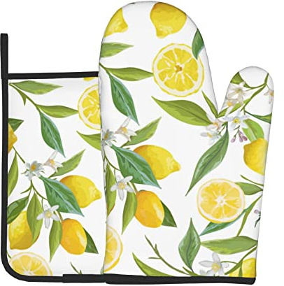 HAHAFU Ofenhandschuhe mit frischen tropischen Zitronen, hitzebeständig und Topflappen, 2-teiliges Set für Küche, Kochen, Druck, dicke Baumwolle, rutschfest