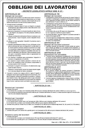 GLOBAL CARTELLO SEGNALETICO - OBBLIGHI DEI LAVORATORI - Adesivo Extra Resistente, Pannello in Forex, Pannello In Alluminio (30x42 cm, Plastica)