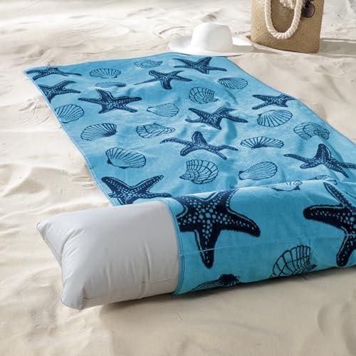 Delindo Lifestyle Serviette de plage en tissu éponge avec coussin - 100 % coton - Bleu - 80 x 180 cm