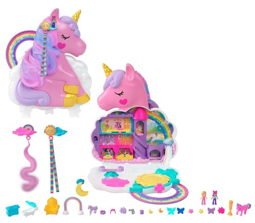 Polly Pocket Mini-Spielzeug, Regenbogen-Einhorn-Salon-Styling-Kopf und Spielset mit 2 kleinen Puppen, über 20 Zubehörteilen und beweglichen Spielelementen, HYD97, [Mehrfarbig]