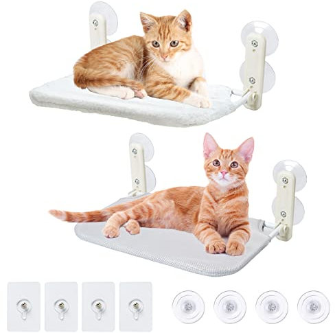 Katzenbett Fenster mit Saugnapf, 1Stück Katzen Hängematte Fensterplätze für Katzen 45x30cm Katzenhängebett Fenster Klappbar Fensterbank mit Stabil Saugnäpfe bis zu 15kg, Weiß