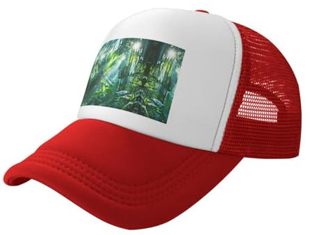 MDATT Men Women Washed Adjustable Dad Hat for Outdoors,Flat Bill Snapback with High Ponytail Design,Tropical Palm Leaves Print Red