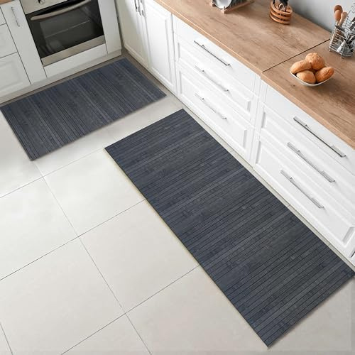 CosìCasa Set 2 Stück Bambus-Teppich für die Küche, umweltfreundlich, rutschfest, waschbar, ideal als Läufer für Küche oder Eingangsbereich innen: 50 x 75 + 50 x 180, Schwarz