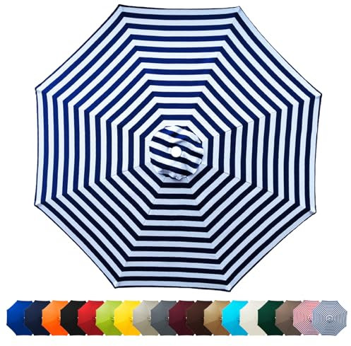 HonunGron Auvent De Remplacement Pour Parasol 2M/2.3M/2.5M/2.7M/3M,Dessus De Parapluie De Remplacement pour 6 Ribs/8 Ribs, UV 50+ Toile de Rechange pour Parasol De Jardin (3m-6ribs,Bleu Blanc)