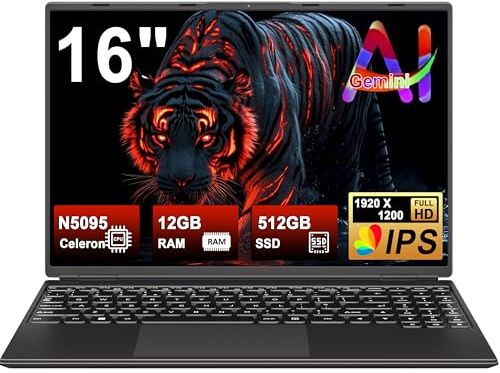 2025 Gaming Laptop 16 pollici Win11 12 + 512 GB SSD supporto 2TB (HDD-2TB) 1920 x 1200 Notebook 4 core Celeron N5095 (fino a 2,9 GHz) Laptop con tastiera numerica WiFi Mini HDMI, protezione tastiera