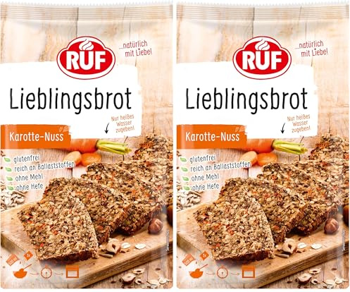 RUF Lieblingsbrot Karotte-Nuss, Brot-Backmischung, Brotmischung, Brotteig-Mischung, für Brot wie vom Bäcker, glutenfrei, ohne Mehl und Hefe, 1 x 600g (Packung mit 2)