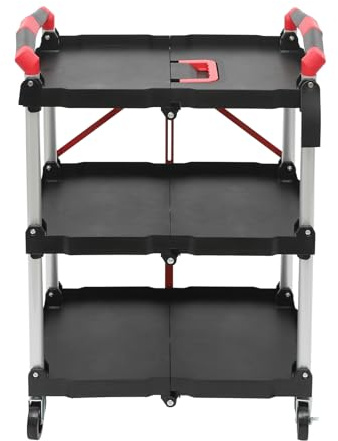 3-Tier Service Carts with Wheels, 3 Tier Catering Trolley, Folding Tool Trolley, Foldable Rolling Service Cart Kitchen Storage CartCleaning Trolle y, Workshop Troll ey (Black＋Red)