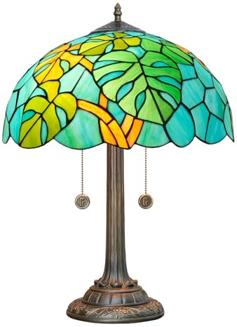 NUODITOS Tiffany Table Lamp Monstera Deliciosa Stained Glass Lamp Antique 16 inch Monstera Swiss Cheese Plant Handmade Large Desk Light for Home Living Room Bedroom Office