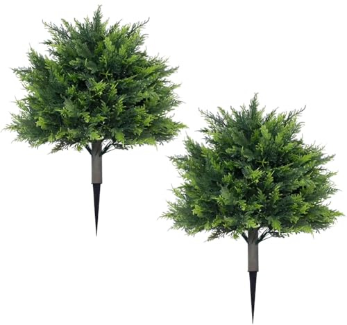 chilsoby Confezione da 2 piante topiarie artificiali di cipresso con picchetto, 50 cm, cespugli di cedro finto resistente ai raggi UV, per interni ed esterni, portico anteriore e giardino