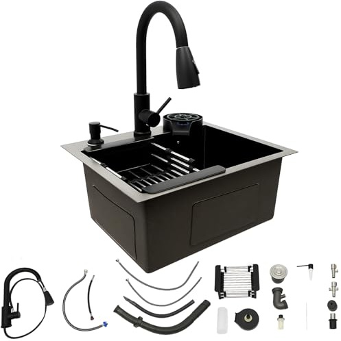 Évier en acier inoxydable 45 x 40 cm, noir, avec robinet extensible et chasse à tasses, 1 bac d'évier encastrable, multifonctionnel, avec tuyau d'évacuation, distributeur de savon, panier à tamis
